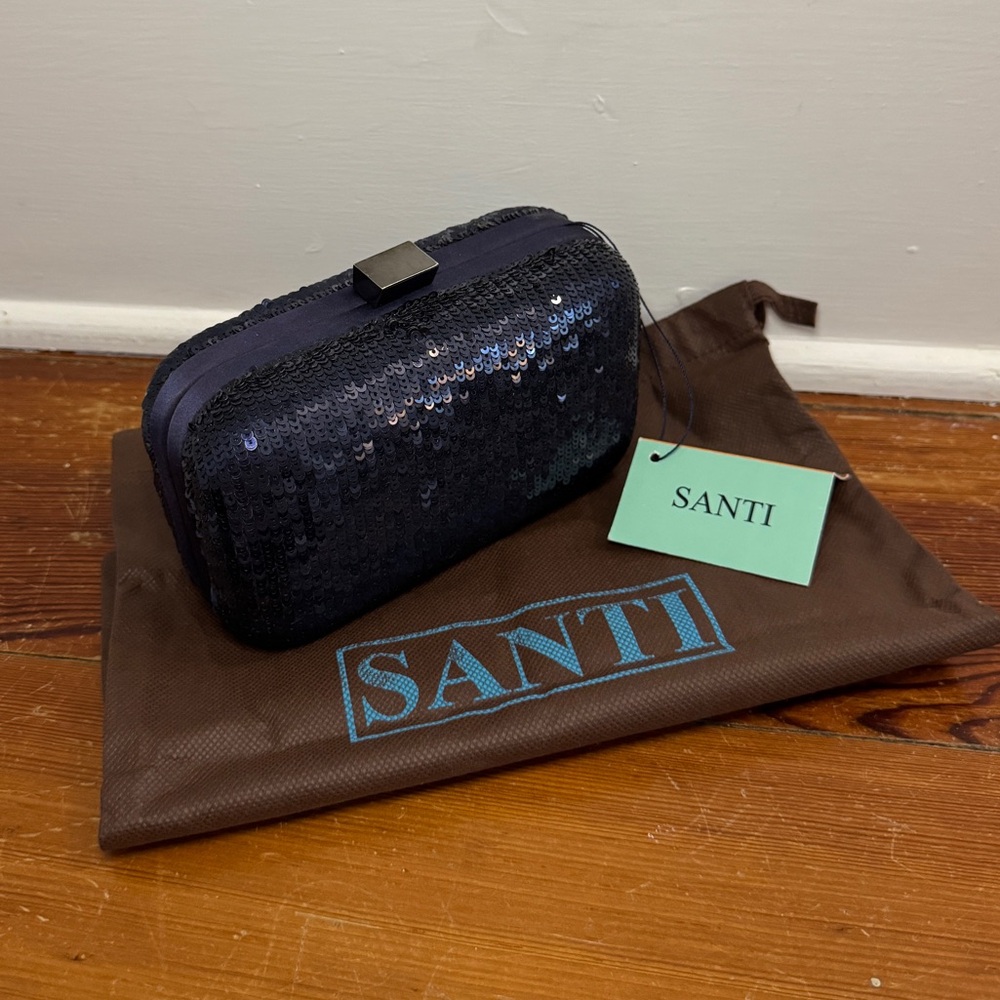 NWT Santi Navy Sequence and Satin Box Clutch Clam Shell Crossbody